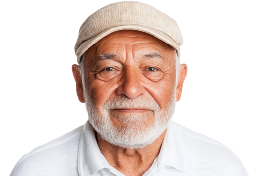 A warm and friendly portrait of an elderly man showcasing a gentle smile and a distinctive cap  isolated on transparent background, highlighting his character and charm.