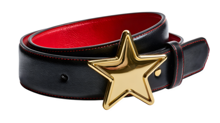 Santa belt with wide black leather strap, oversized gold buckle shaped like a star, and red lining, bold and iconic, isolated on white background