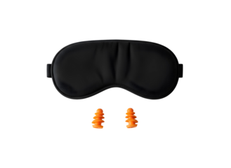 cut out clipart Overhead shot of a black memory foam sleep mask and vibrant orange silicone earplugs placed symmetrically on a stark white table, minimalist sleep hygiene setup.