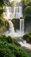 Obraz premium Realistic Waterfall with Moss-Covered Rocks and Foliage. Serene Grandeur of a Cascading Waterfall in Nature. Dappled Sunlight on a Misty Forest Waterfall.