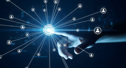 Hands typing on a laptop with futuristic glowing blue digital data charts and graphs overlay