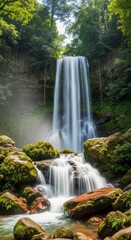 Obraz premium Serene Multi-tiered Waterfall with Silky Water Effect. Mystical Forest Waterfall with Dappled Sunlight. Cascading Waterfall Framed by Mossy Rocks and Foliage.
