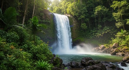 Obraz premium Powerful Waterfall Plunging into Turquoise Pool. Dramatic Sun Rays Illuminating Rainforest Waterfall. Photorealistic Tropical Waterfall with Rich Textures.