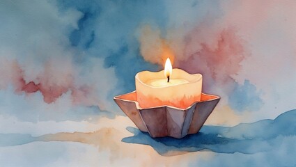 Star-shaped candle burning softly in watercolor background for Epiphany