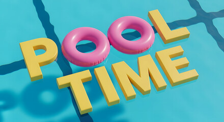 Bright yellow pool time letters float with pink inflatable rings on blue water surface