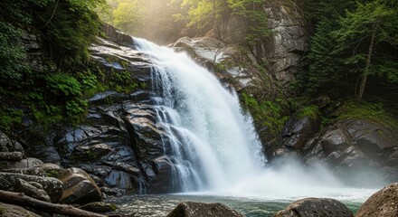 Powerful Waterfall with Dramatic Ethereal Glow. Realistic Cascade in a Dense Verdant Forest. High Contrast Waterfall with Mist and Sunlight.
