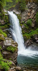 Secluded Forest Waterfall Plunging into Turquoise Pool. Realistic Naturalistic Waterfall with Foamy Mist. Medium Shot of a Cascading Waterfall in Nature.