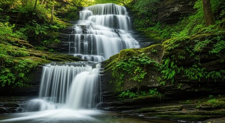 Long Exposure Multi-tiered Waterfall in Secluded Forest. Silky Blurred Water Effect in a Verdant Landscape. Awe-inspiring Serene Waterfall with Ethereal Glow.