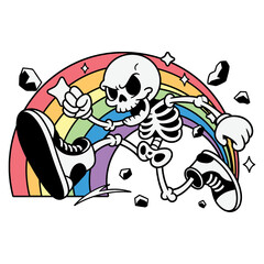 Snarky Cartoon Skeleton Running Over Rainbow, Retro Pop Culture Graphic Humor Vector