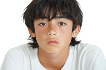 Capturing the Essence of Youth: A Close-Up Portrait of a Young Boy with Expressive Features and a Contemplative Stare  isolated on transparent background