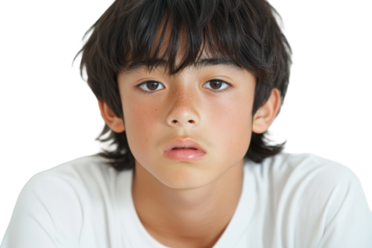 Capturing the Essence of Youth: A Close-Up Portrait of a Young Boy with Expressive Features and a Contemplative Stare isolated on transparent background