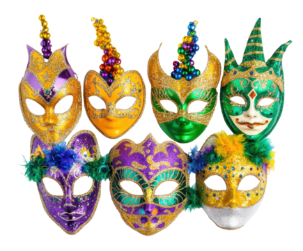 Colorful and Exquisite Masks Displayed Together, Representing Festive Celebrations and Cultural Traditions with Intricate Designs and Vibrant Colors isolated on transparent background