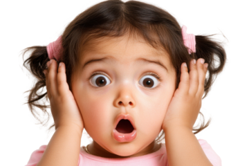 A Young Child Expresses Surprise and Shock with Wide Eyes and Hands on Her Head, Capturing an Innocent Moment of Wonder and Emotion. isolated on transparent background