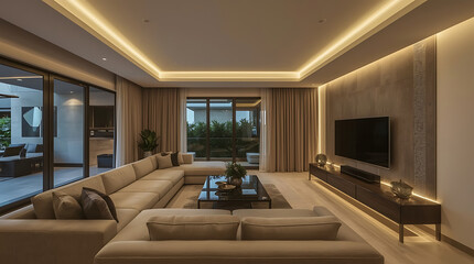 Fototapeta premium Stylish living room with sectional sofa and modern design, perfect for showcasing home decor or interior design ideas in luxury real estate marketing