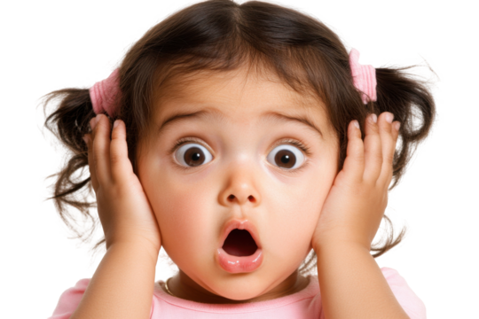 A Young Child Expresses Surprise and Shock with Wide Eyes and Hands on Her Head, Capturing an Innocent Moment of Wonder and Emotion. isolated on transparent background