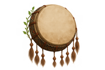 Tribal inspired drum with ethnic patterns and tassels