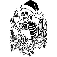 Gothic Book Lover Christmas Skeleton, Reading Books with Santa Hat Funny Holiday Design Vector