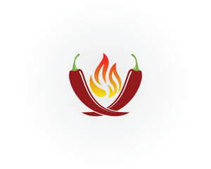 Two Red Chili Peppers Crossed With Orange Yellow Flames vector template