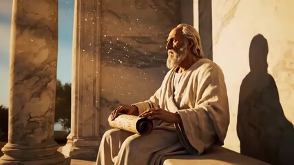 Ancient scholar holding scroll seated marble temple with columns and reflective floor sunset - Powered by Adobe