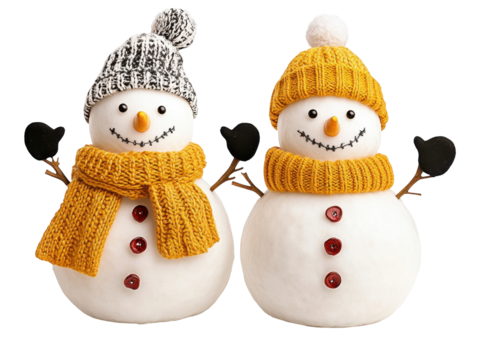 Charming Winter Snowmen Dressed in Colorful Scarves and Hats, Perfectly Capturing the Joy and Spirit of the Holiday Season. isolated on transparent background