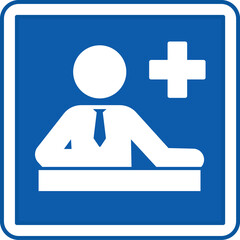 Blue Administration Sign. Vector Icon. Man in a Tie Sitting at a Desk. Specialists Responsible for Clinic Operations. Sign in a Hospital Department