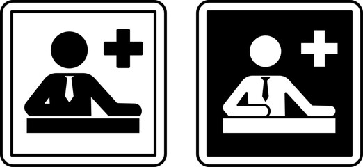 Administration Signs. Black and White Vector Icons. Man in a Tie Sitting at a Desk. Specialists Responsible for Clinic Operations. Sign in a Hospital Department