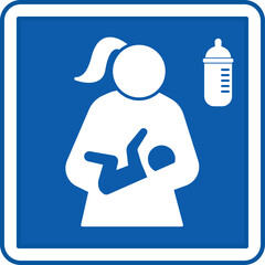 Blue Lactating Room Sign. Vector Icon. Mother, Baby, and Feeding Bottle. Hospital Ward Sign