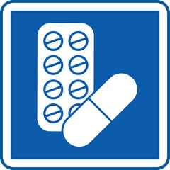 Blue Pharmacy Sign. Vector Icon. Pills and Medicines. Hospital Department Sign