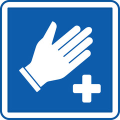 Blue Procedure Room Sign. Vector Icon. Hand in a Medical Glove and Plus Sign. Room for Various Treatment and Diagnostic Procedures. Hospital Department Sign