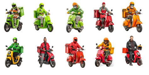Fototapeta premium Vibrant and Diverse Delivery Riders Fashionably Dressed on Scooters isolated on transparent background Capturing Urban Mobility and Modern Transport