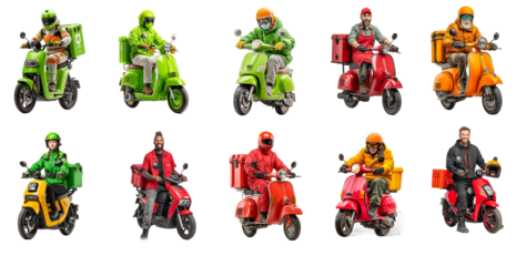 Vibrant and Diverse Delivery Riders Fashionably Dressed on Scooters isolated on transparent background Capturing Urban Mobility and Modern Transport
