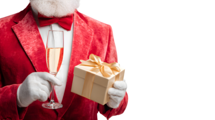 Santa in a red tuxedo with a bowtie, holding a champagne flute and a single elegant gift box, holiday gala style, isolated on white background