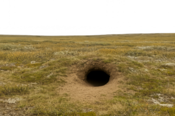 Animal burrow hole in grass field with transparent background