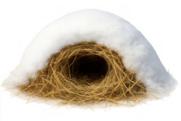 Empty bird nest covered in snow in winter