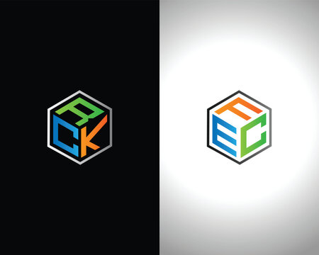 Two hexagonal logos with letters R C K and F E C in vibrant colors vector template