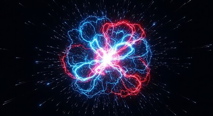 Abstract energy sphere with red and blue lightning on dark background generative ai