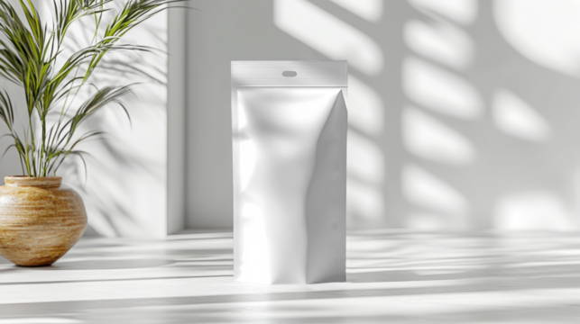 Transparent a single white resealable pouch with a zipper closure, placed on a white surface with natural light casting shadows from a plant mockup