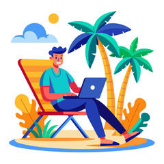 Fototapeta premium Man working on laptop on beach chair under palm trees with sun and clouds