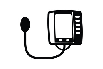 Black silhouette presents blood pressure monitor with squeeze bulb and tube on a white backdrop