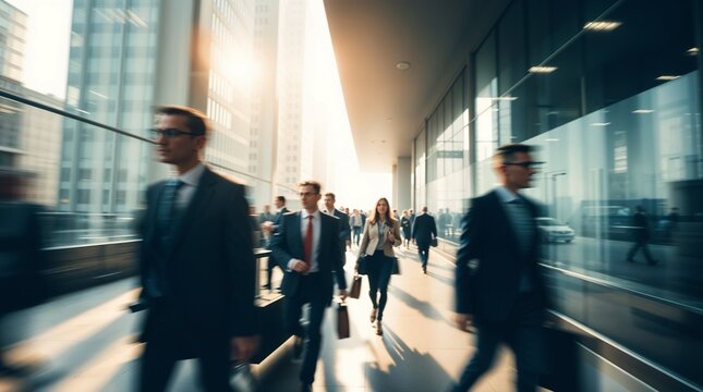 motion blur image of business people crowd walking at corporate office in city downtown