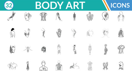 Obraz premium Body Art line icon set. Including Arm tattoo, Face profile, Back tattoo, Leg design, Human torso, Hand art, Shoulder sketch, Neck art, Abstract body . Vector line art illustration.