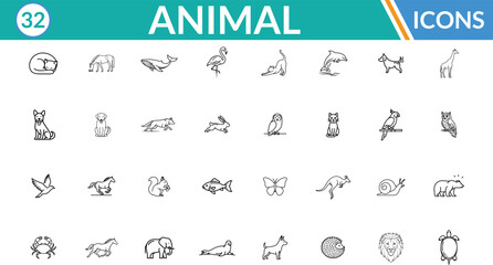 Naklejka premium Animal line icon set. Including Sleeping fox, Elephant, Whale, Pelican, Cat stretching, Dolphin, Dog, Giraffe, Flying bird, Horse galloping . Vector line art illustration.