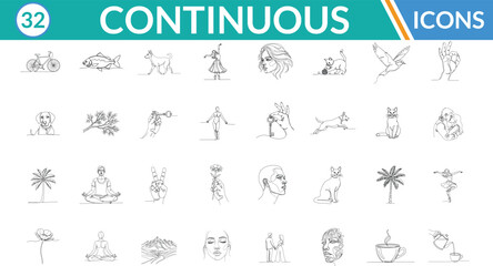 Continuous line icon set. Including Bicycle, Fish, Cat, Dancing figure, Face profile, Bird flying, Human figure, Lotus flower, Rabbit, Coffee cup . Vector line art illustration.