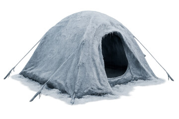 Winter camping tent covered in snow on transparent background