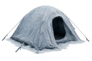 Winter camping tent covered in snow on transparent background