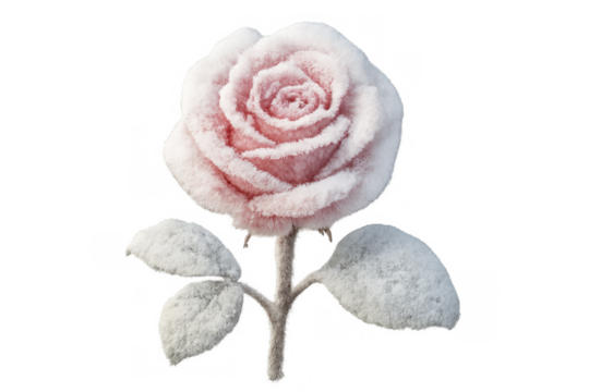 Pink rose covered with snow and frost on transparent background