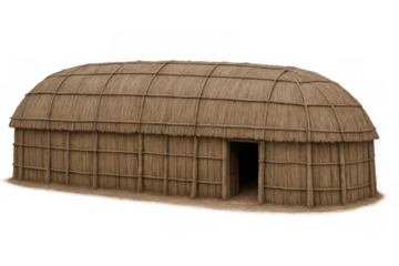 Indigenous longhouse hut building with thatched roof