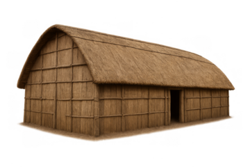 Traditional longhouse building with thatched roof on transparent background