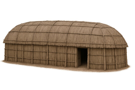 Indigenous longhouse hut building with thatched roof
