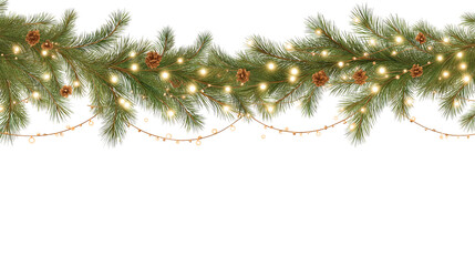 Illustration of Spruce Fir pine garland with pine cones and lit string lights, isolated on white or transparent background